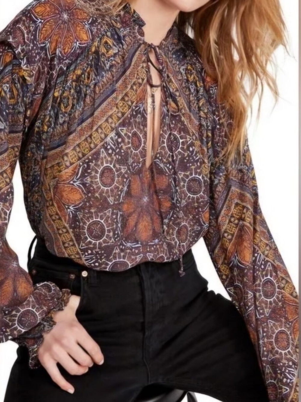 Free People Little Runaway Medallion printed peasant top long sleeve oversized M
